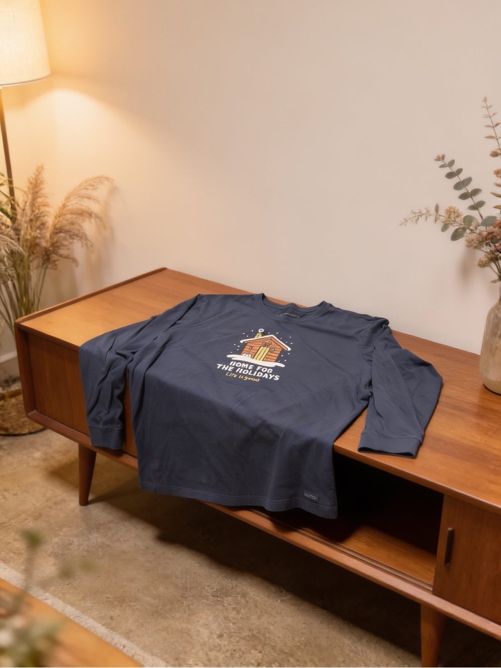 Life Is Good Kids Long Sleeve Tee in Slate Blue with Holiday Cabin Graphic